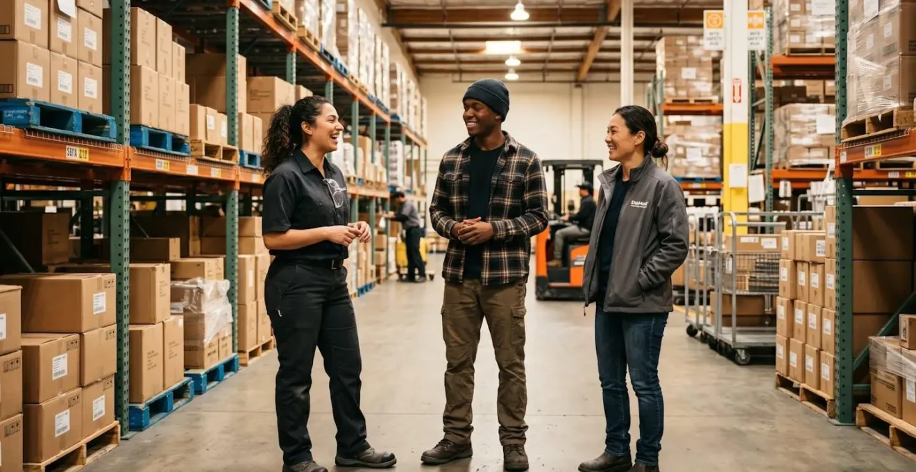 Équipe diverse de travailleurs en discussion informelle dans un entrepôt logistique, ambiance collaborative et détendue