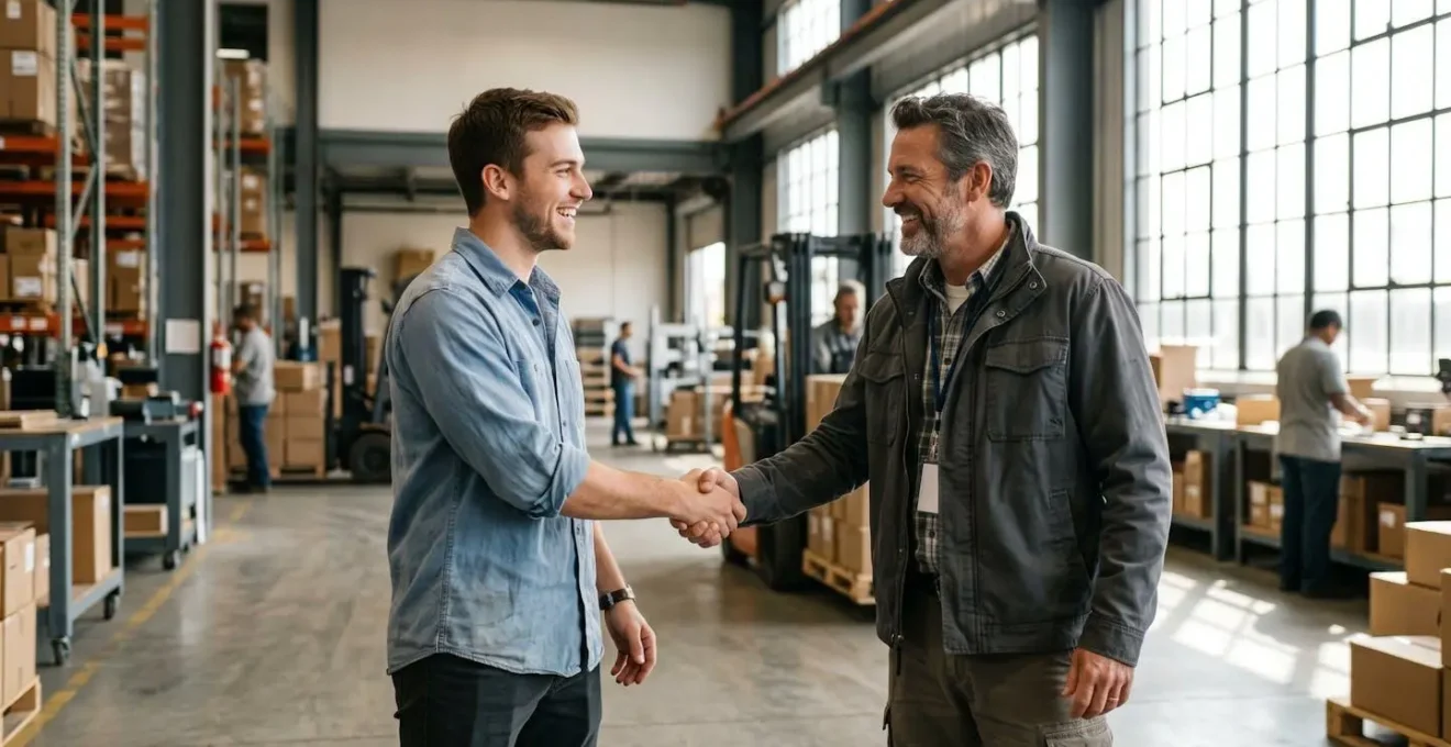 Jeune professionnel souriant serrant la main d'un responsable lors de sa première mission intérim dans un atelier industriel