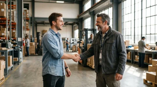 Jeune professionnel souriant serrant la main d'un responsable lors de sa première mission intérim dans un atelier industriel