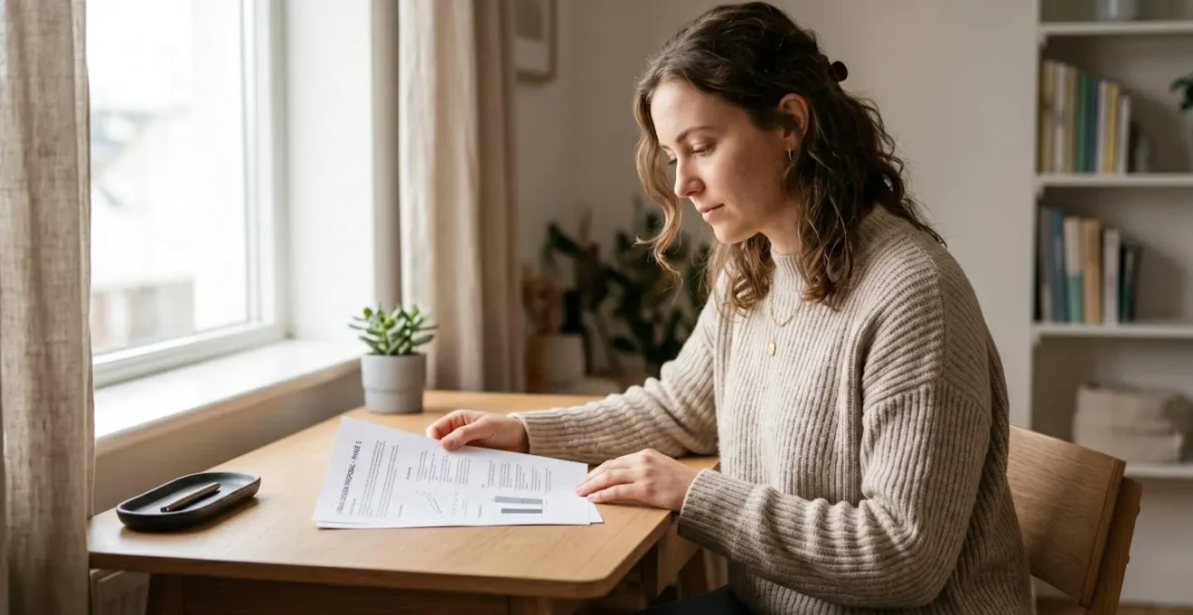 Personne de 25 ans relisant attentivement son CV posé sur un bureau épuré et lumineux, concentration visible
