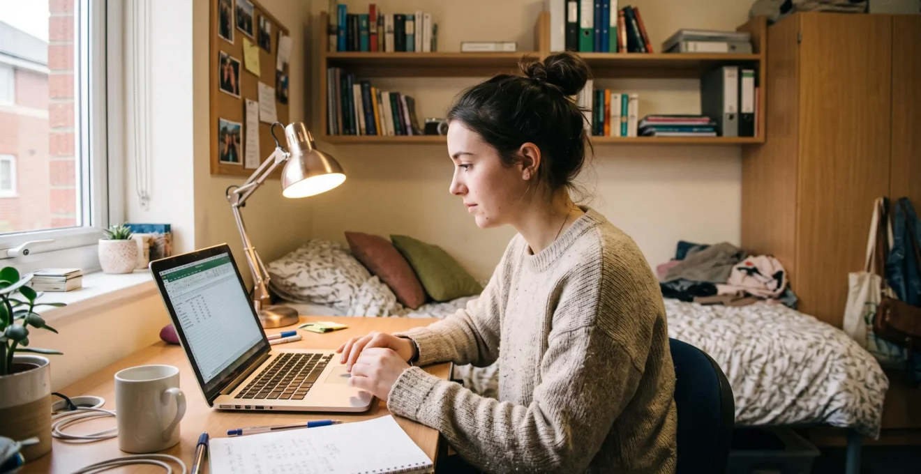 Un étudiant gère son budget personnel sur son ordinateur portable dans sa chambre universitaire