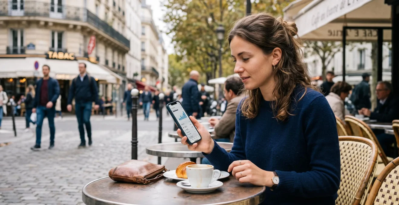 Un jeune adulte consulte son application bancaire mobile sur son smartphone dans un environnement urbain moderne