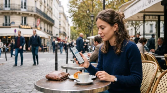 Un jeune adulte consulte son application bancaire mobile sur son smartphone dans un environnement urbain moderne