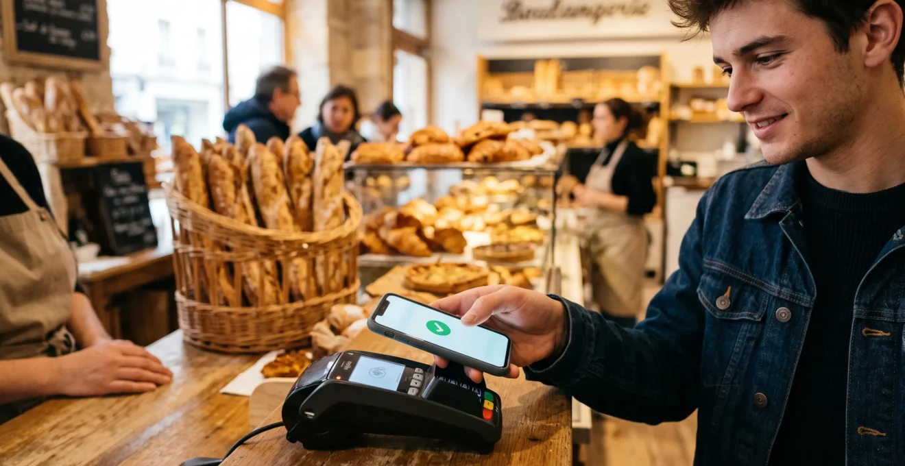 Un jeune adulte effectue un paiement sans contact avec son smartphone sur un terminal de paiement dans un commerce